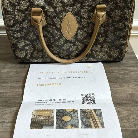Vintage YSL Giraffe Print Boston Bag Brown MochaCanvas Leather Trim Luxury